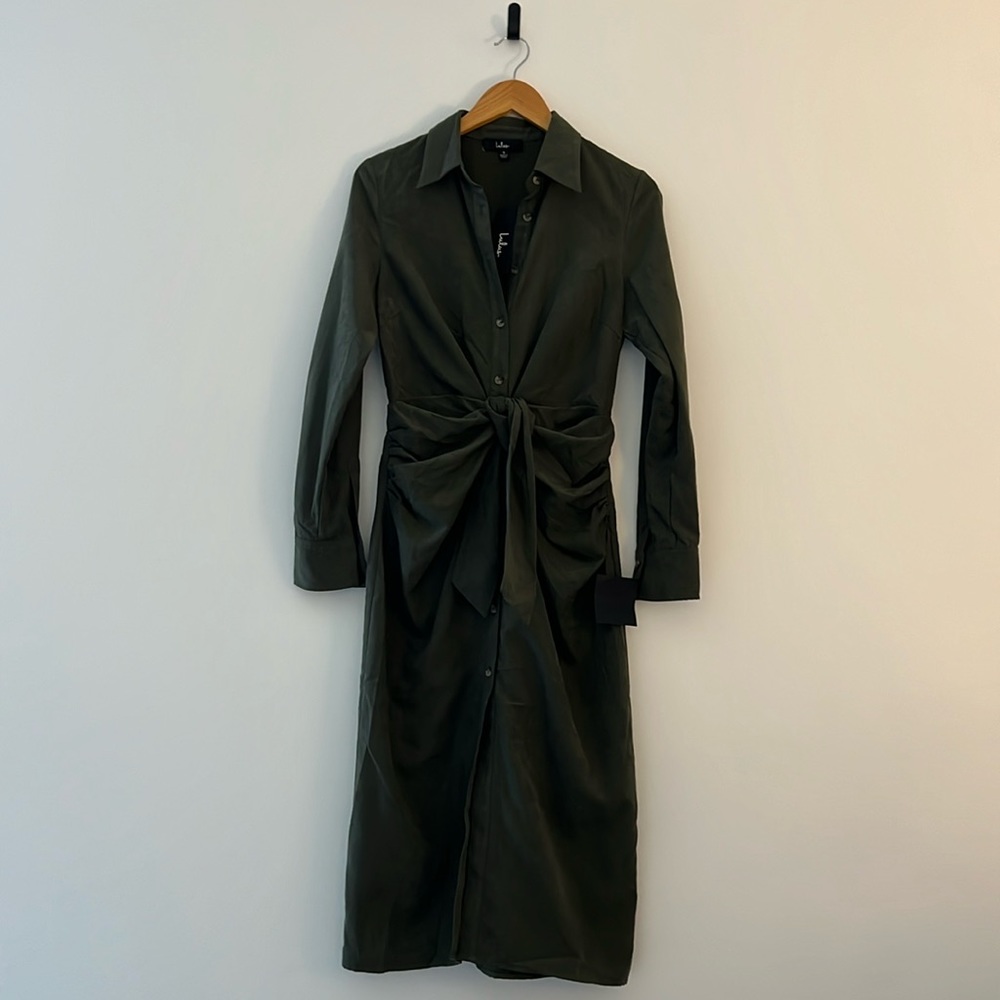 Olive Green Suede Button-Up Tie-Front Midi Dress